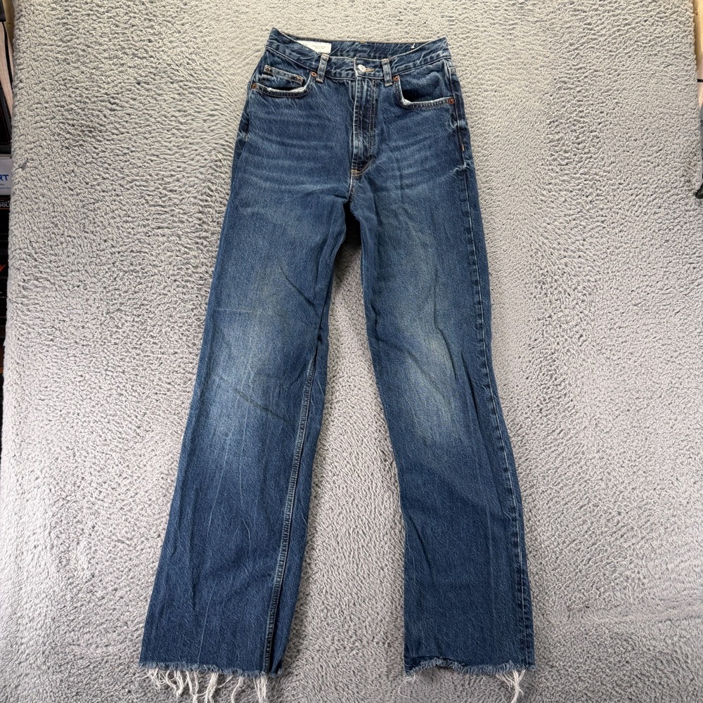 Zara Jeans Women 4 Blue Cotton Denim Wide-Leg Faded Frayed-Raw Travel Streetwear
